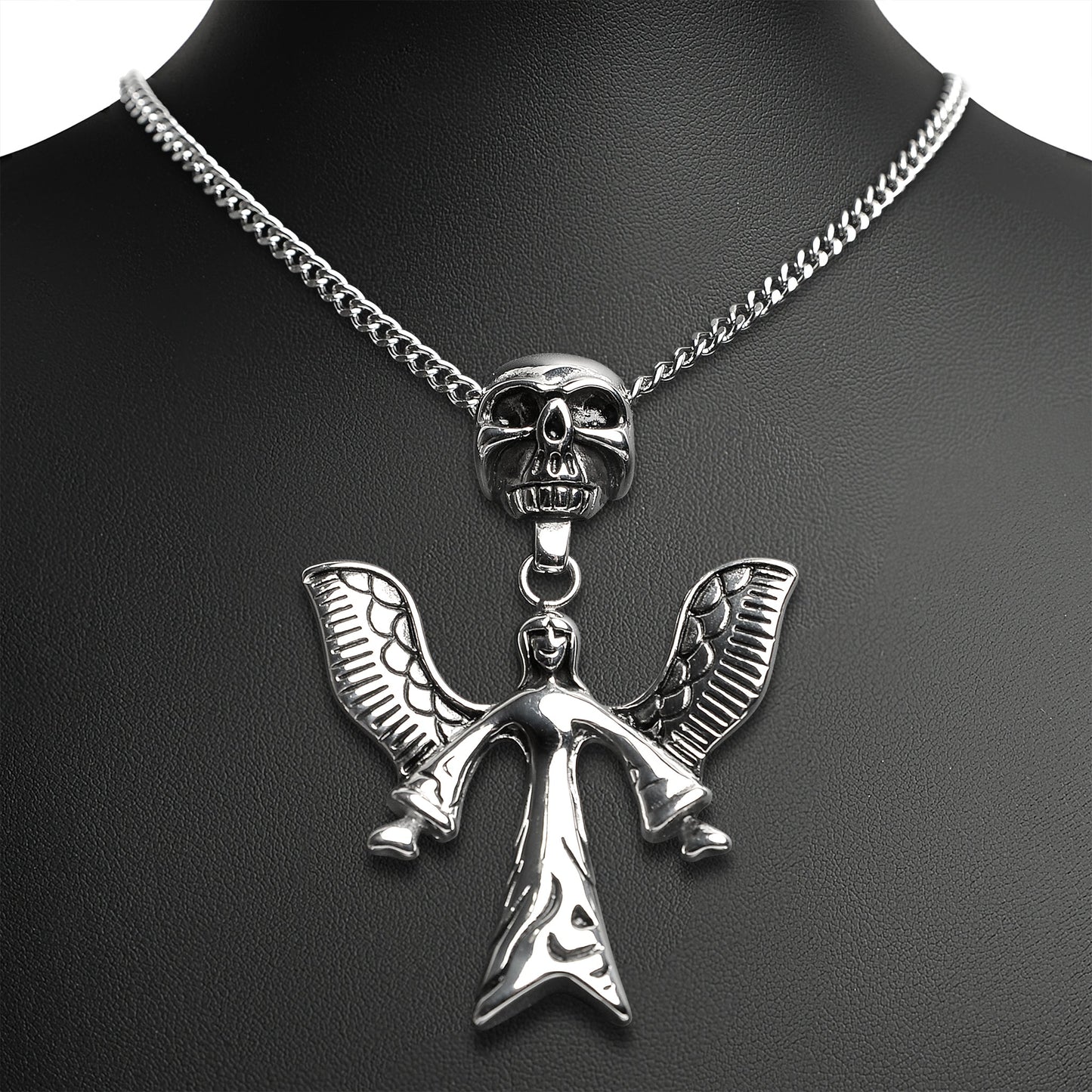 Stainless Steel Large Angel Of Death And Skull Curb Chain Necklace