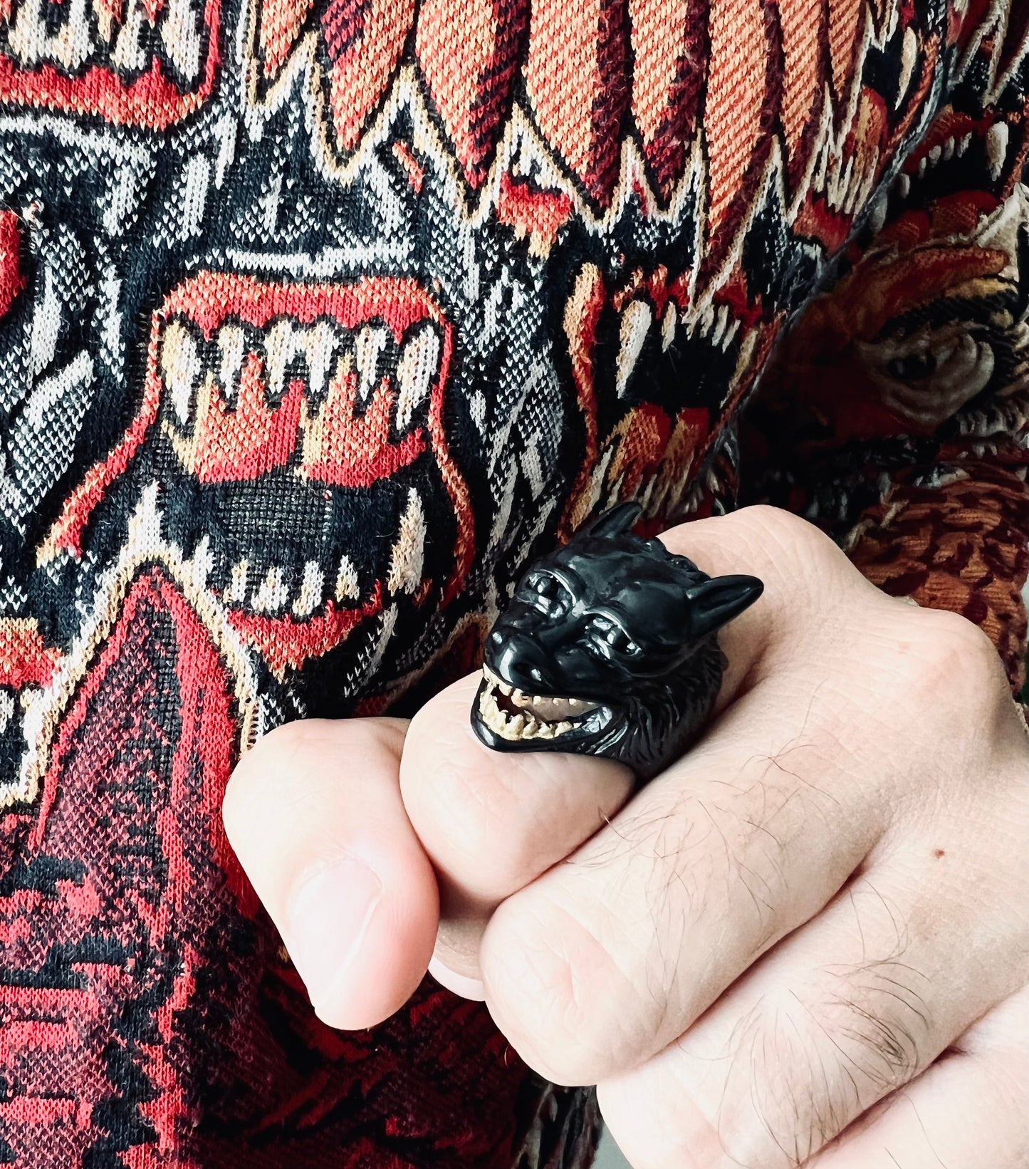Black Stainless Steel Wolf With 18K Gold PVD Coated Teeth Ring