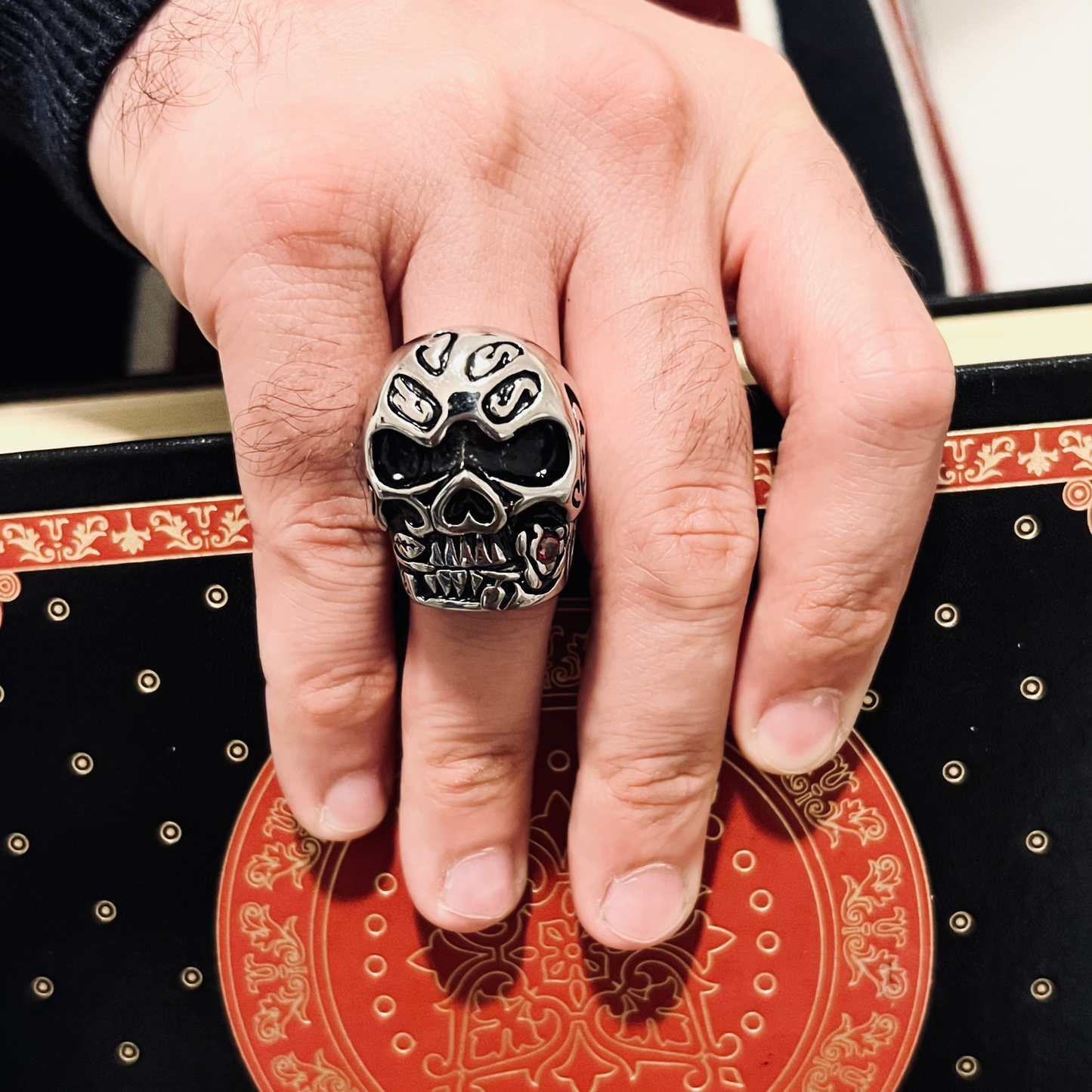 Stainless Steel Large Filigree Skull Biting Red CZ Rose Ring