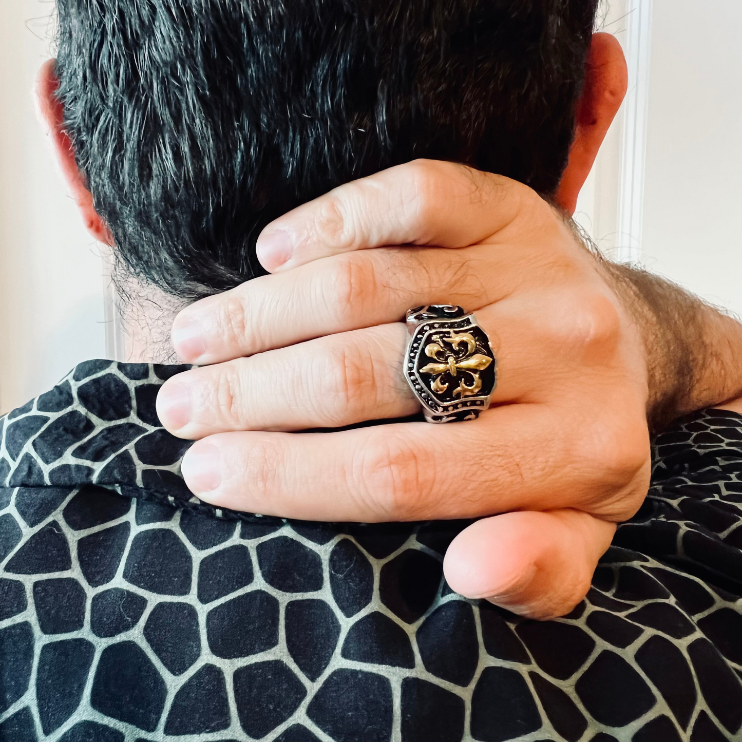 18K Gold PVD Coated Stainless Steel Fleur De Lis Shield Signet Ring