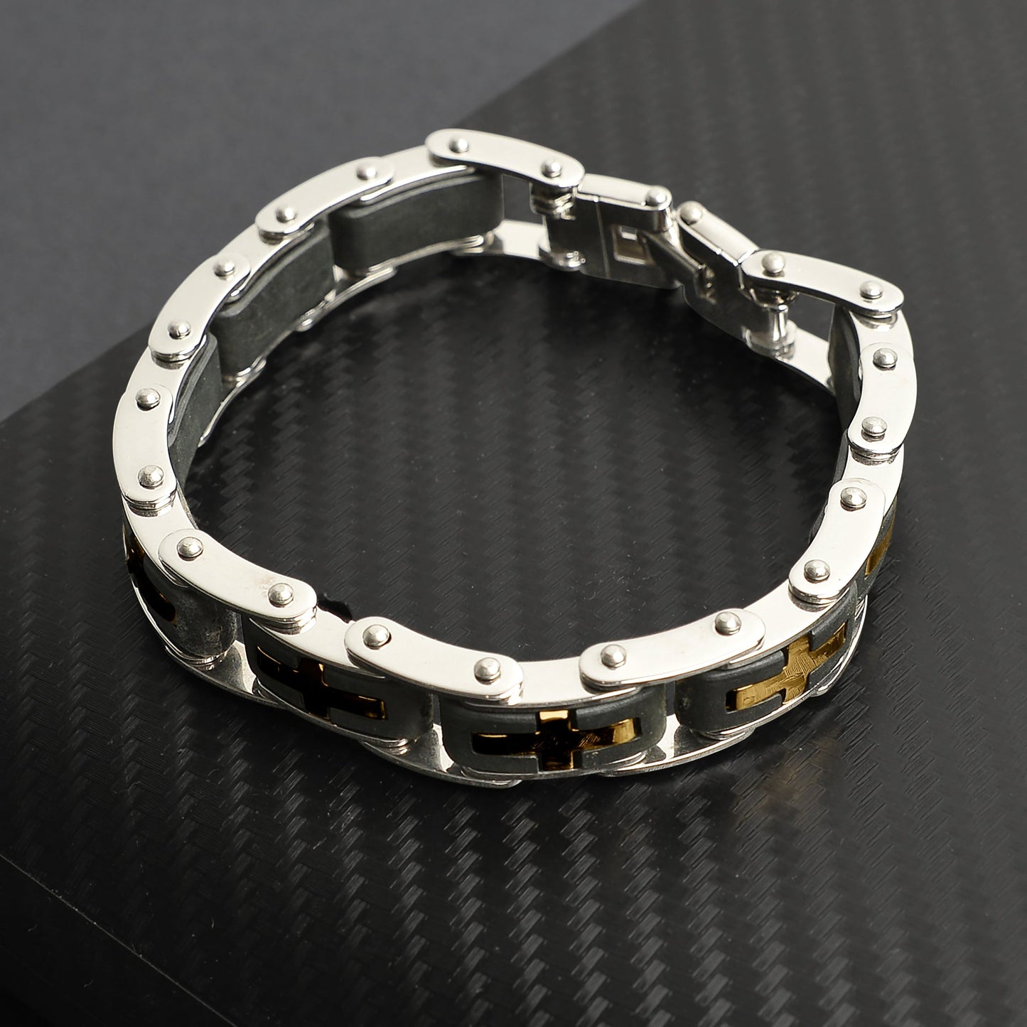 Stainless Steel And Gold Cross Bike Chain Bracelet
