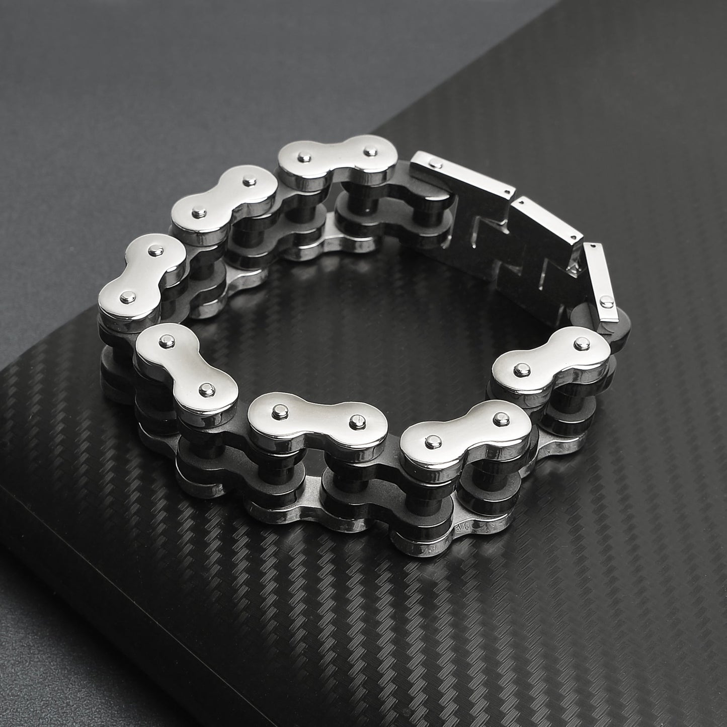 Stainless Steel and Black Large Bike Chain Bracelet