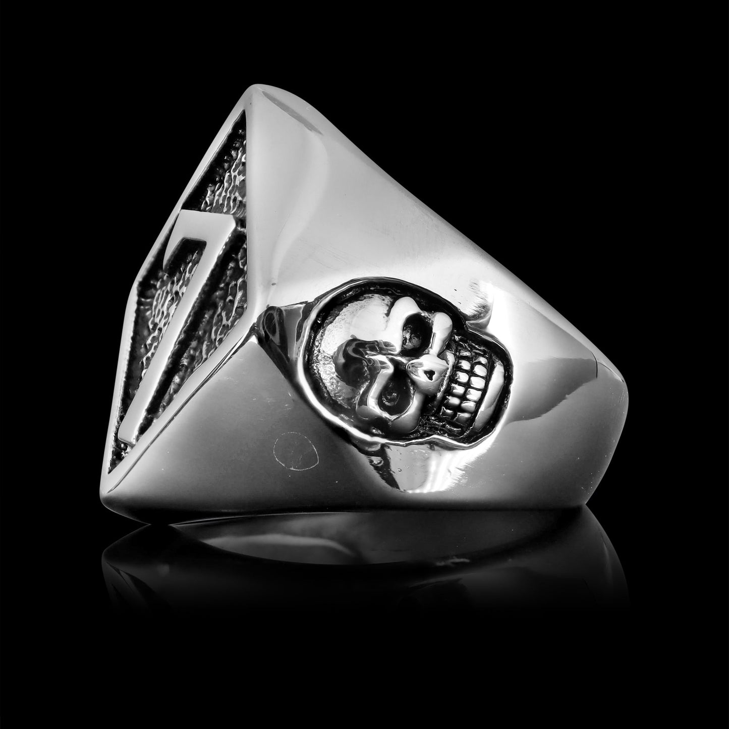 Stainless Steel Lucky "7" With Skull Accents Signet Ring