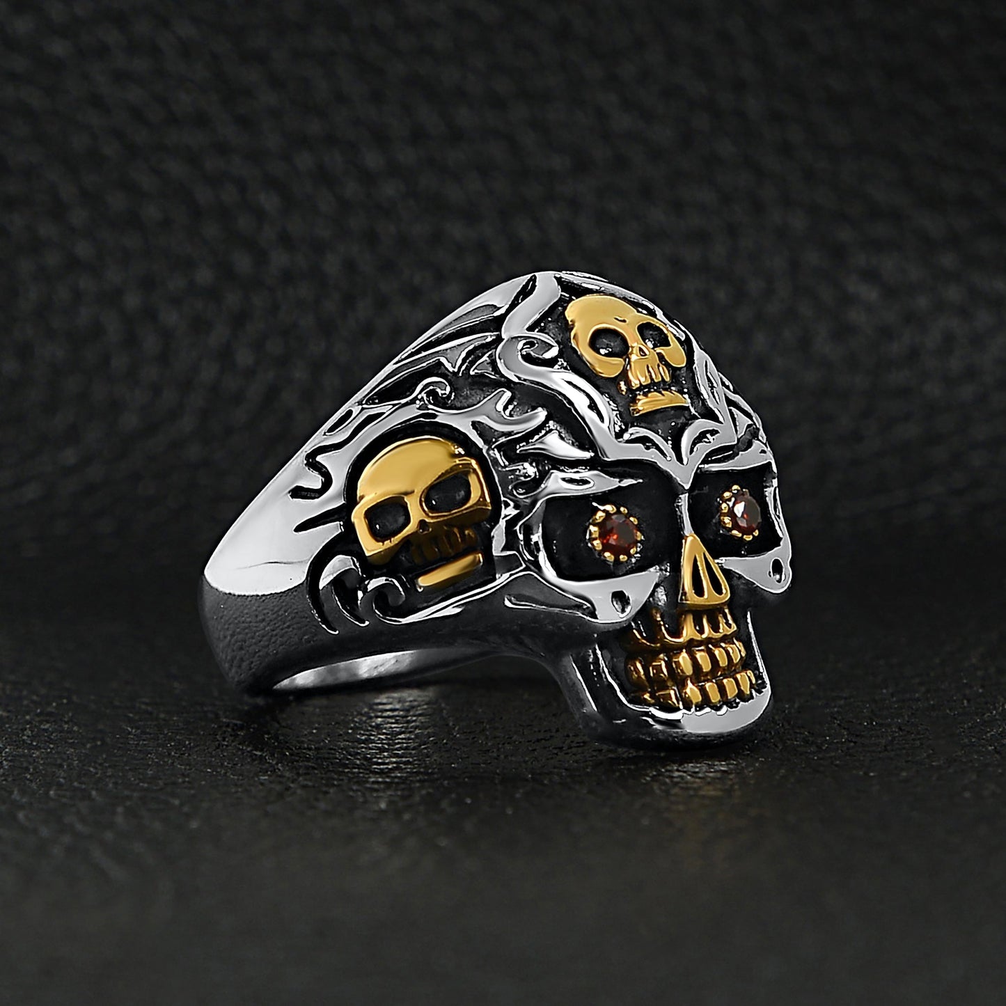 Stainless Steel 18K Gold Plated Red CZ Eyed Filigree Skull Ring