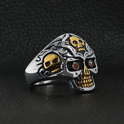 Stainless Steel 18K Gold Plated Red CZ Eyed Filigree Skull Ring