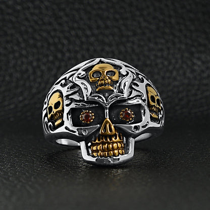 Stainless Steel 18K Gold Plated Red CZ Eyed Filigree Skull Ring