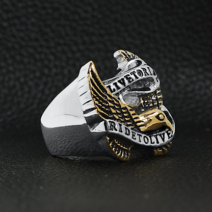 Stainless Steel 18K Gold Plated Live To Ride Eagle Biker Ring
