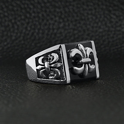 Stainless Steel Polished Black Fleur De Lis Signet Ring