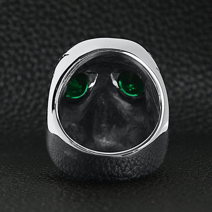 Large Stainless Steel Green CZ Eyed Cracked Skull Ring