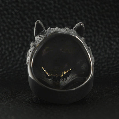 Black Stainless Steel Wolf With 18K Gold PVD Coated Teeth Ring