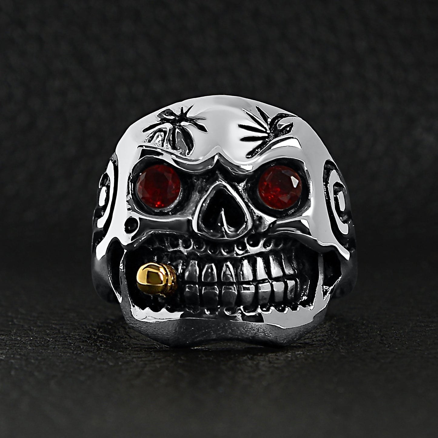 Stainless Steel Bullet Cigar Smoking Red CZ Eyed Skull Ring