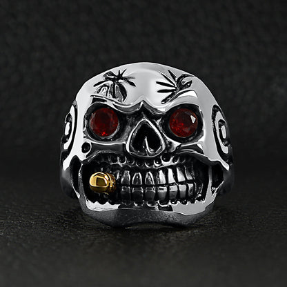 Stainless Steel Bullet Cigar Smoking Red CZ Eyed Skull Ring