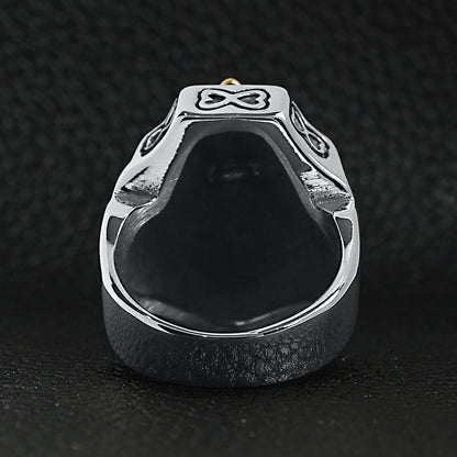 18K Gold Steel Cross On Shield Signet Ring