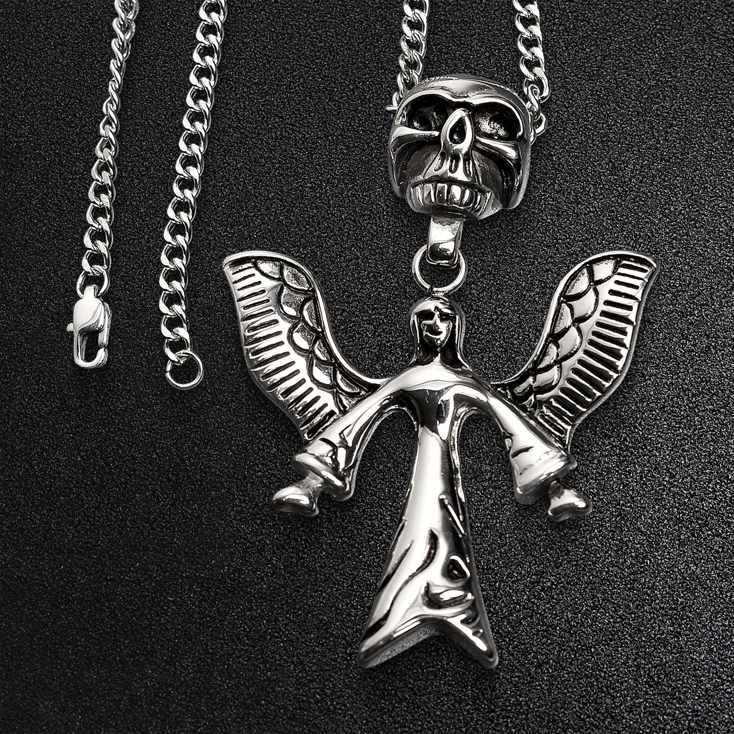 Stainless Steel Large Angel Of Death And Skull Curb Chain Necklace