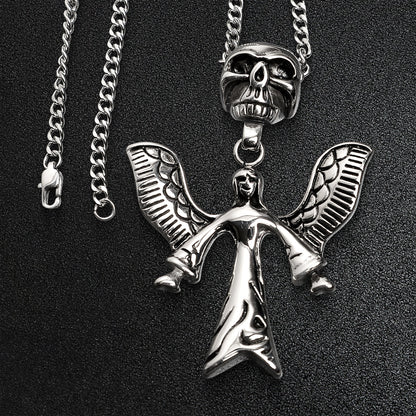 Stainless Steel Large Angel Of Death And Skull Curb Chain Necklace