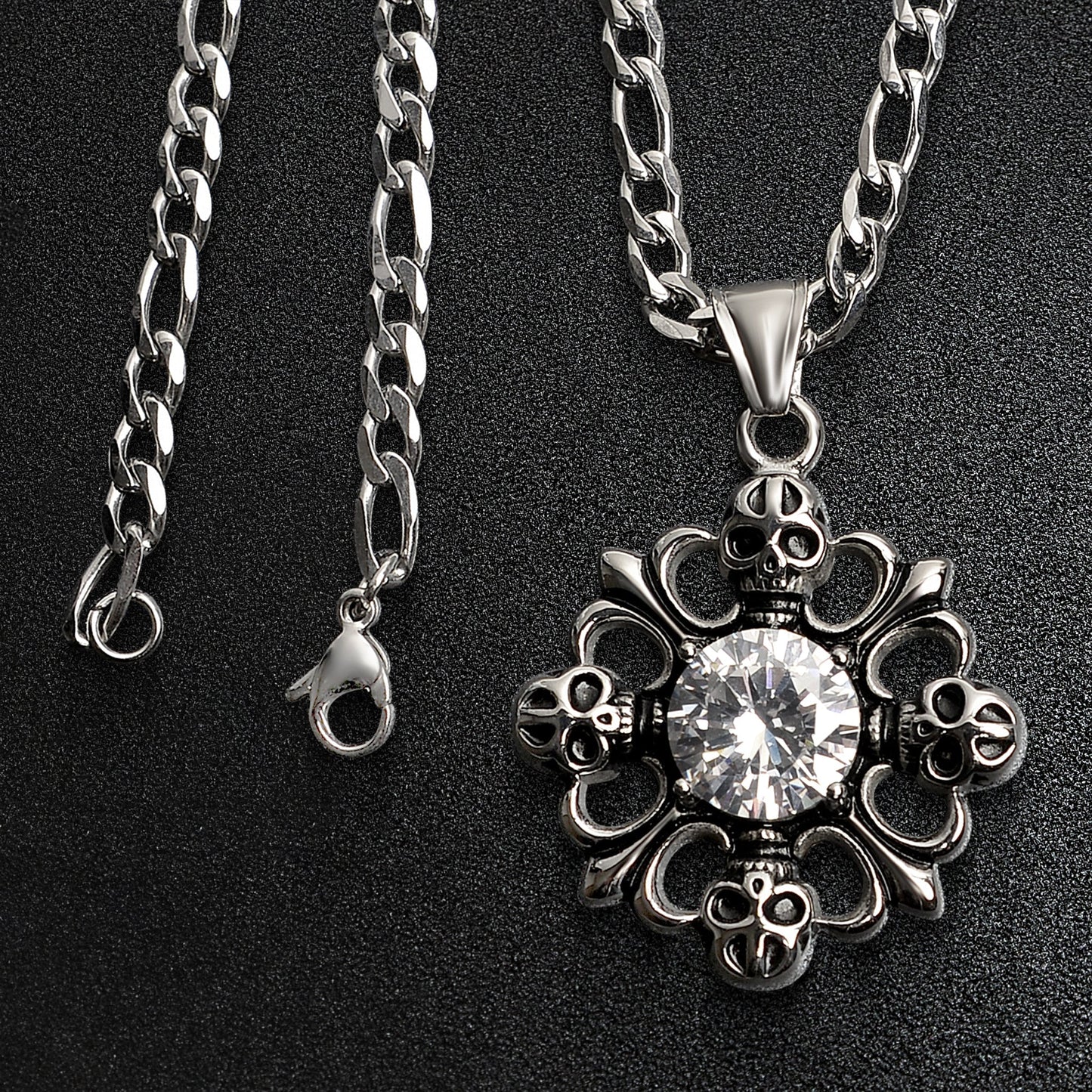 Stainless Steel Fleur De Lis & Skulls & CZ Figaro Chain Necklace