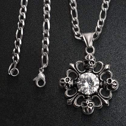 Stainless Steel Fleur De Lis & Skulls & CZ Figaro Chain Necklace