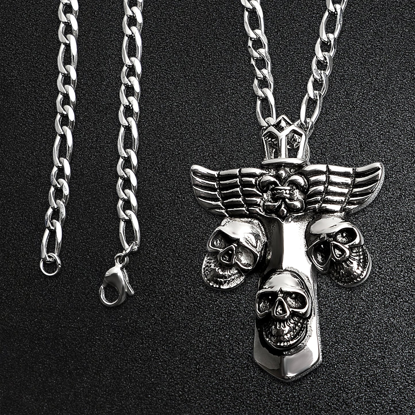 Stainless Steel Fleur De Lis Cross With Skulls Figaro Chain Necklace