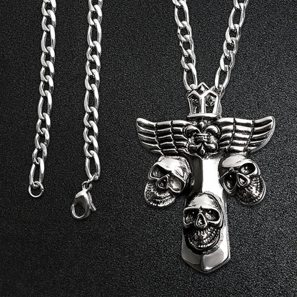 Stainless Steel Fleur De Lis Cross With Skulls Figaro Chain Necklace