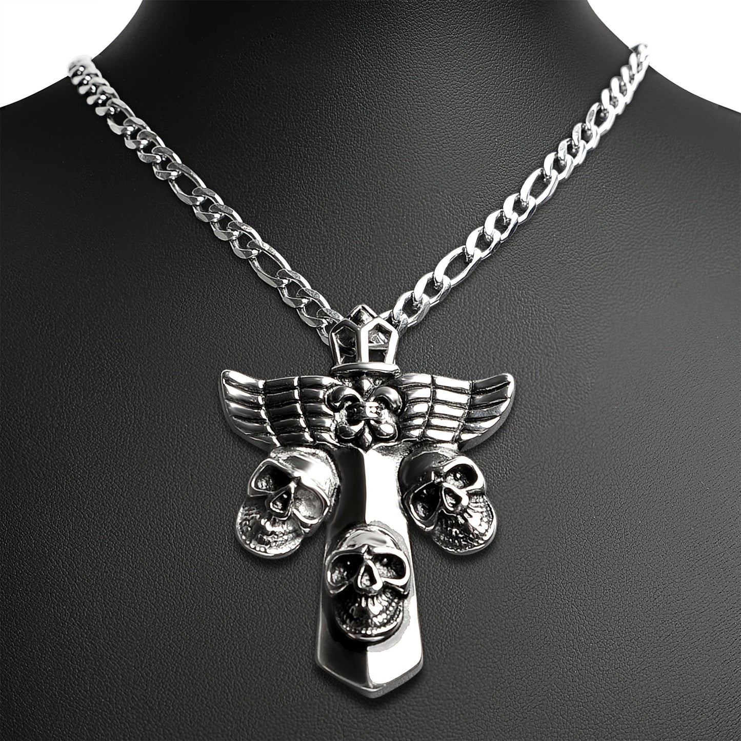 Stainless Steel Fleur De Lis Cross With Skulls Figaro Chain Necklace