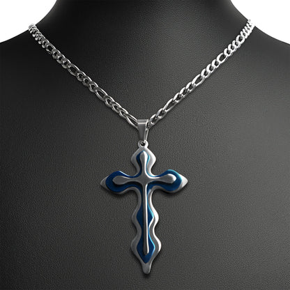 Stainless Steel And Blue Triple Layer Cross Figaro Chain Necklace