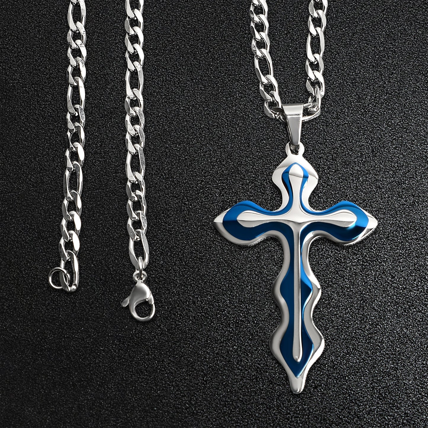 Stainless Steel And Blue Triple Layer Cross Figaro Chain Necklace