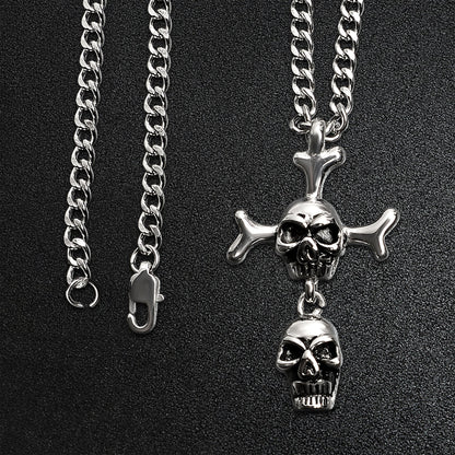Stainless Steel Double Skull And Bones Figaro Chain Necklace