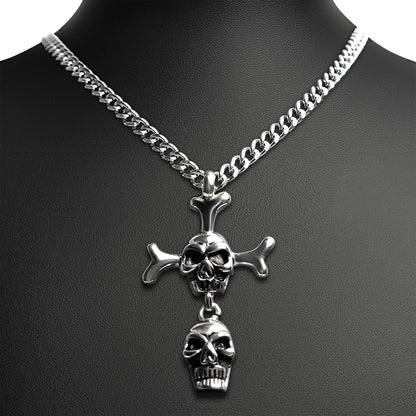 Stainless Steel Double Skull And Bones Figaro Chain Necklace