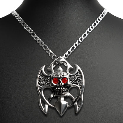 Stainless Steel Tribal Red CZ Eyed Skull Figaro Chain Necklace