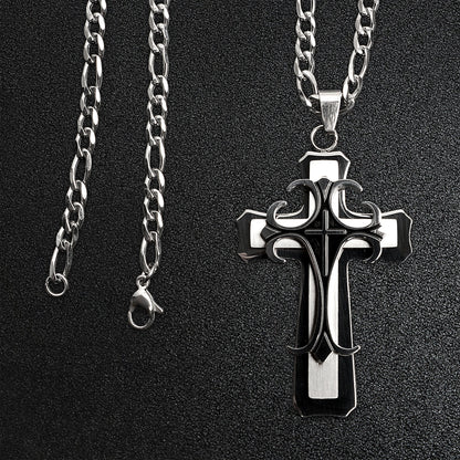 Stainless Steel And Black Layered Cross Figaro Chain Necklace