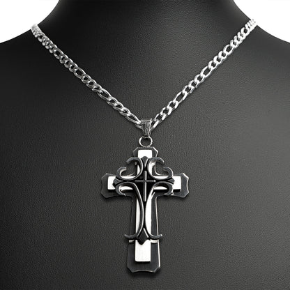 Stainless Steel And Black Layered Cross Figaro Chain Necklace