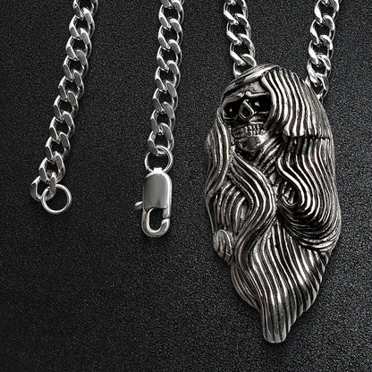 Stainless Steel Large Long Hair Skull Curb Chain Necklace