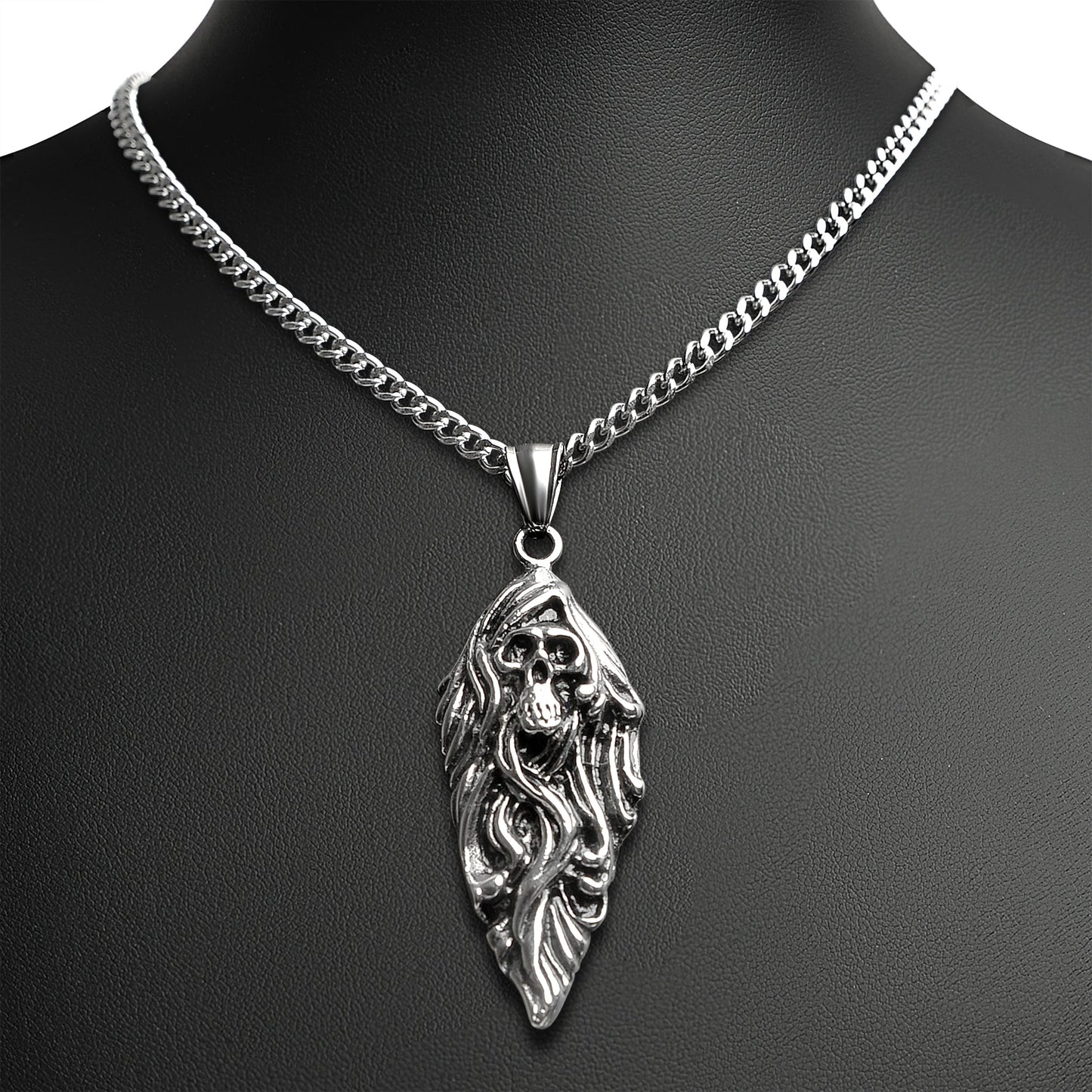 Stainless Steel Flaming Skull Arrowhead Curb Chain Necklace