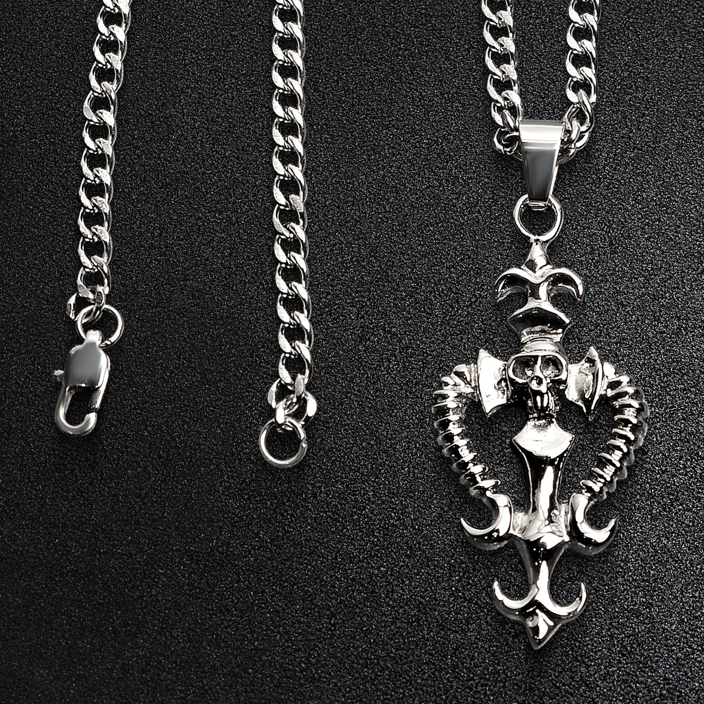 Stainless Steel Fleur De Lis Skull And Bone Dagger Curb Chain Necklace
