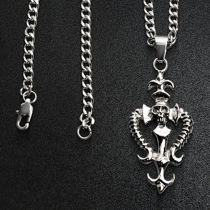 Stainless Steel Fleur De Lis Skull And Bone Dagger Curb Chain Necklace