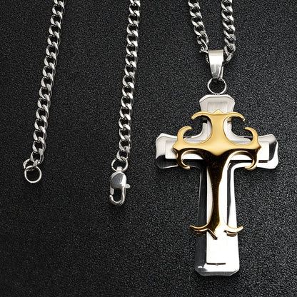 Stainless Steel & 18K Gold Plated 3 Layer Cross Curb Chain Necklace