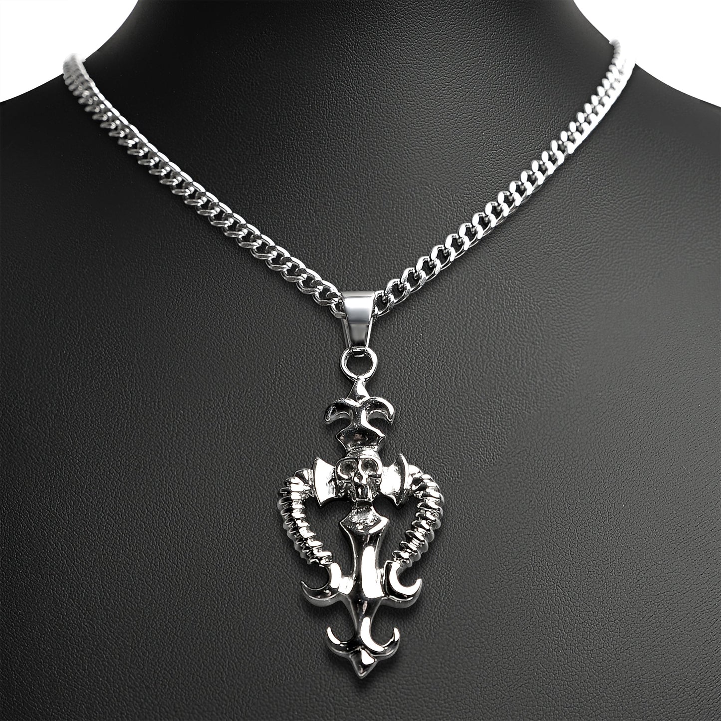 Stainless Steel Fleur De Lis Skull And Bone Dagger Curb Chain Necklace