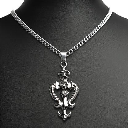 Stainless Steel Fleur De Lis Skull And Bone Dagger Curb Chain Necklace