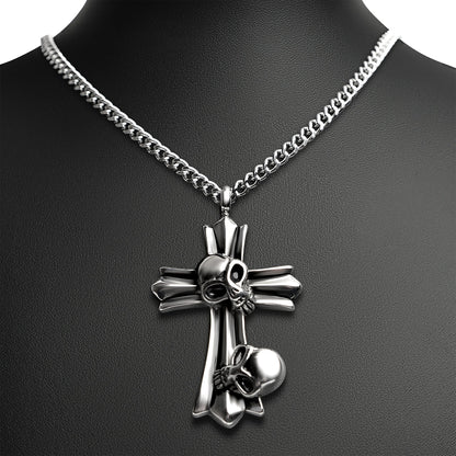Stainless Steel Double Skull Cross Curb Chain Necklace