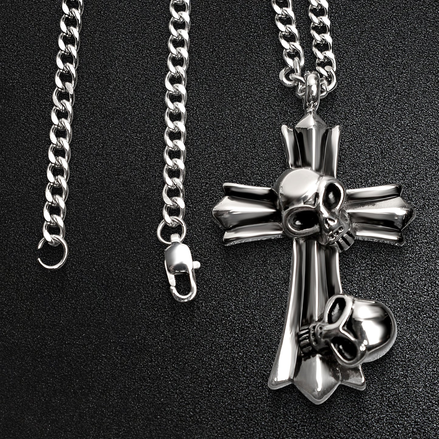Stainless Steel Double Skull Cross Curb Chain Necklace