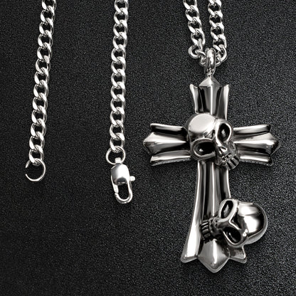 Stainless Steel Double Skull Cross Curb Chain Necklace