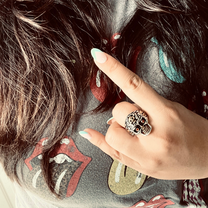 Stainless Steel 18K Gold Plated Red CZ Eyed Filigree Skull Ring