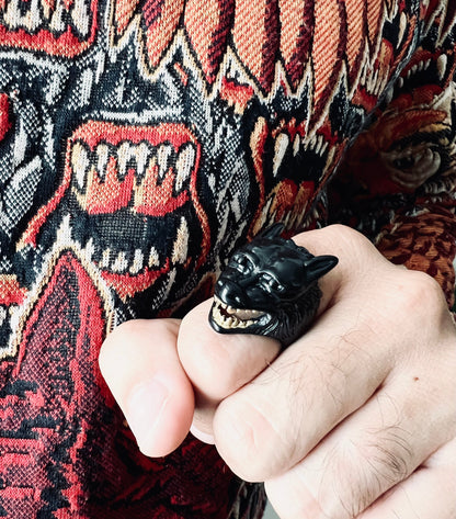 Black Stainless Steel Wolf With 18K Gold PVD Coated Teeth Ring