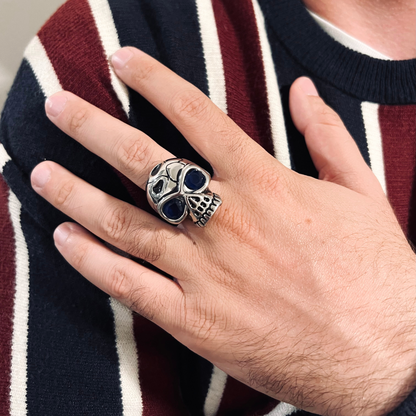 Stainless Steel Blue CZ Eyed Cracked Skull Ring