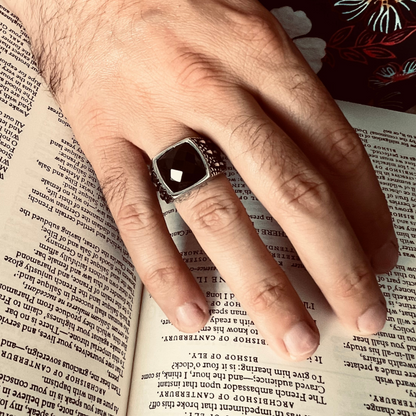 Detailed Cubed Center Black Stone Stainless Steel Ring