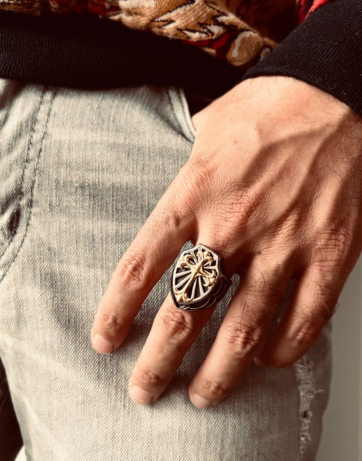 18K Gold Steel Cross On Shield Signet Ring