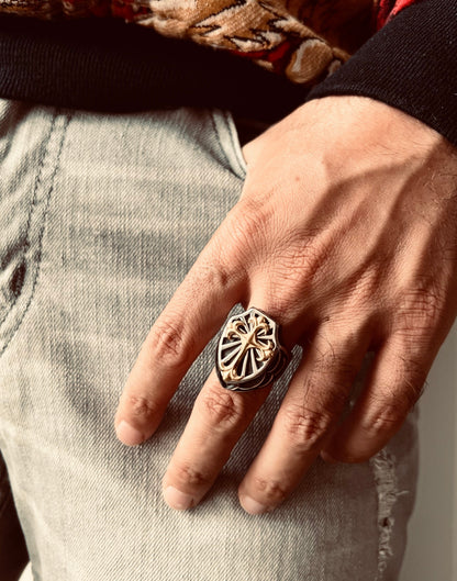 18K Gold Steel Cross On Shield Signet Ring