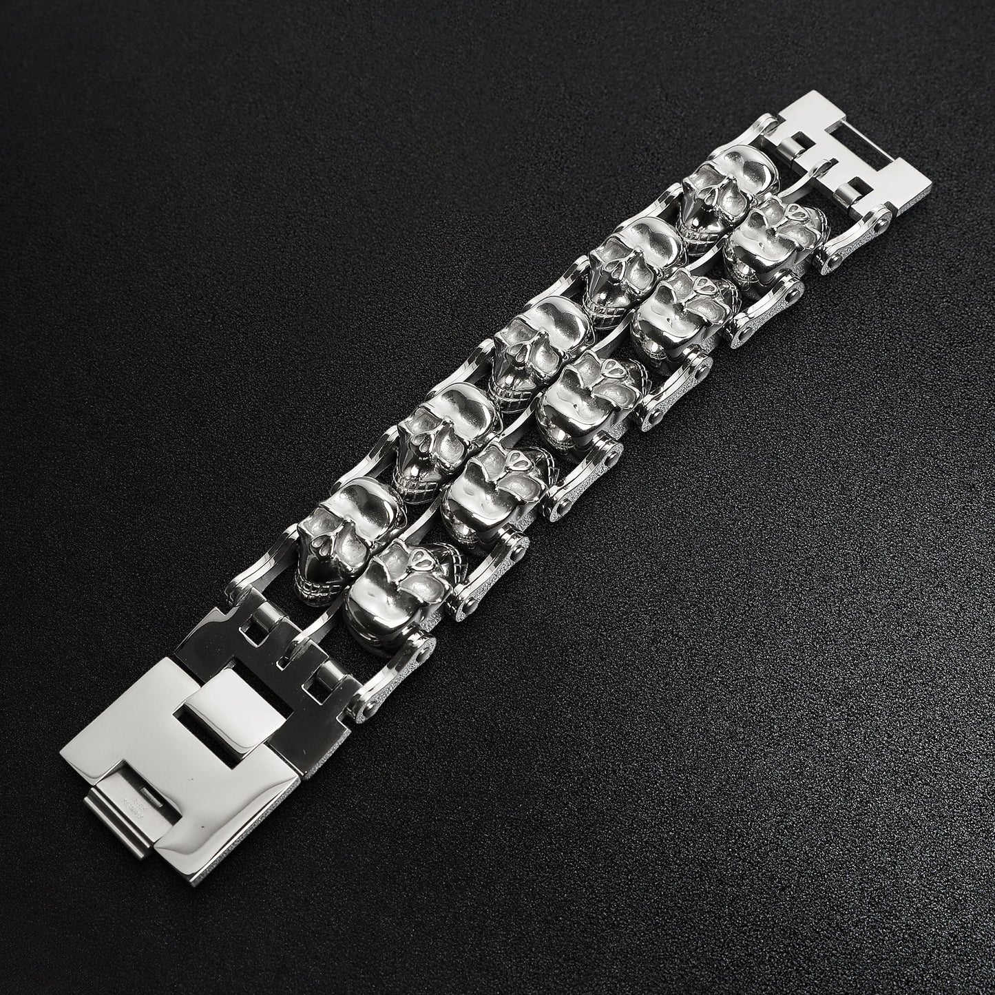 Stainless Steel Double Skulls Alternating Bike Chain Bracelet