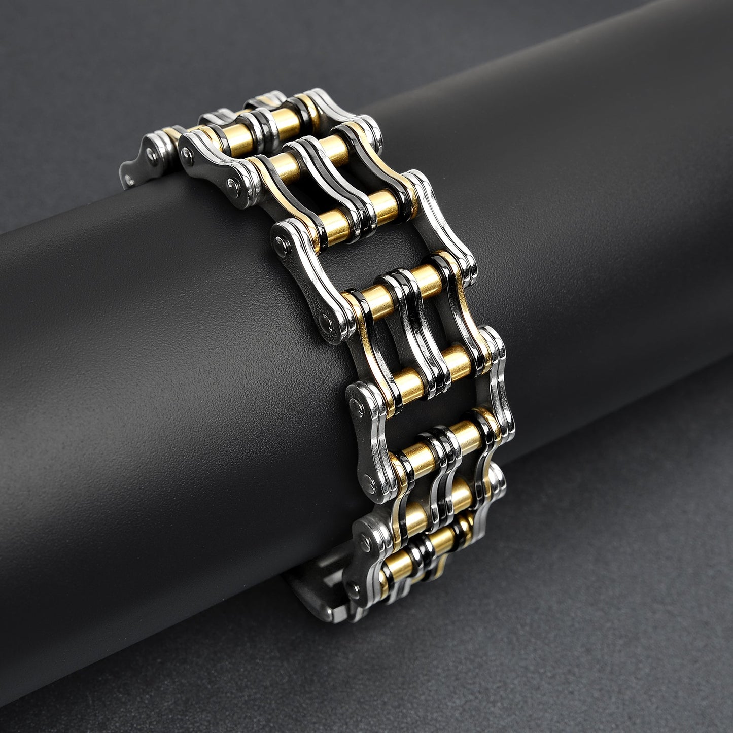 Black And 18K Gold PVD Coated Double Bike Chain Bracelet