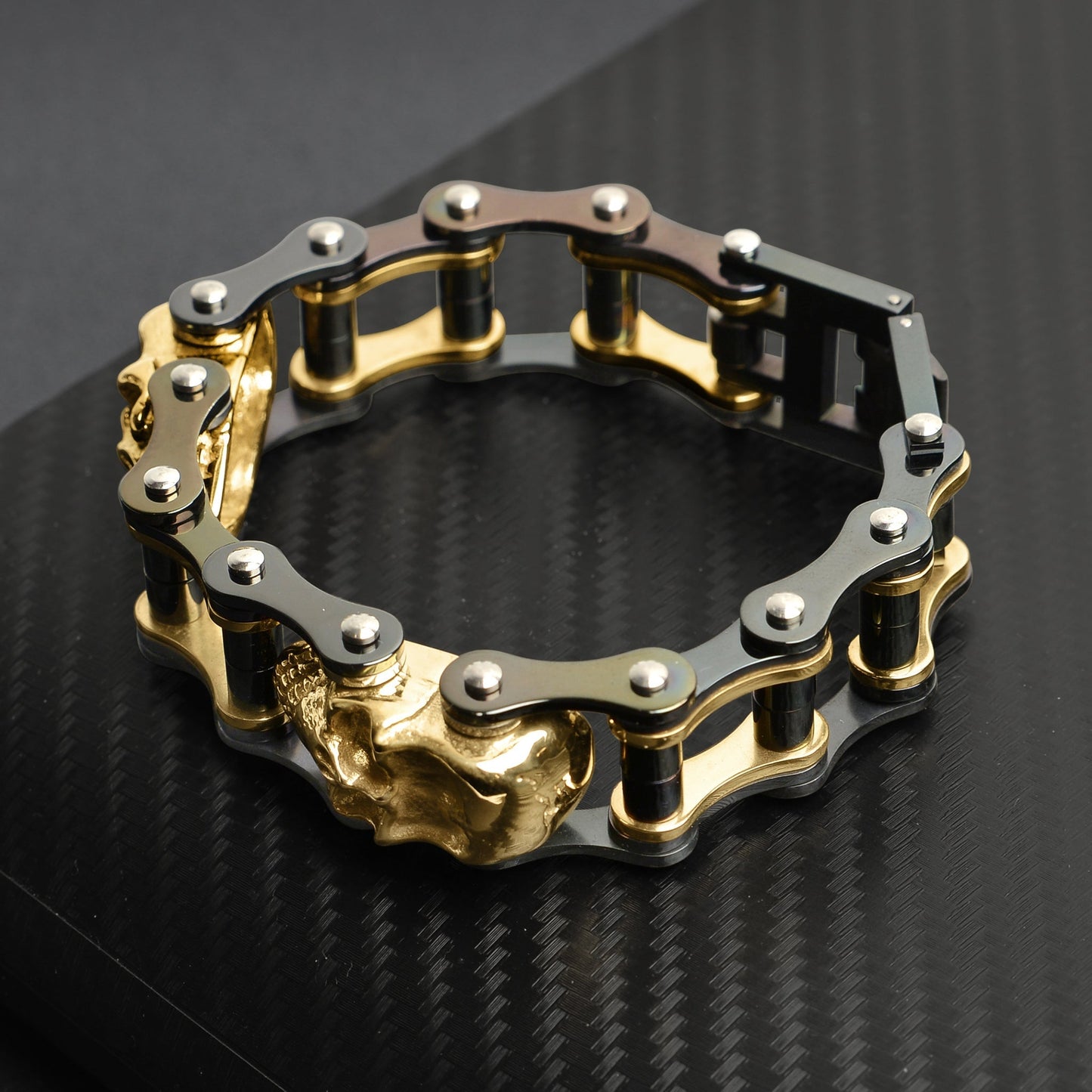 Black & Gold Stainless Steel Skull Bike Chain Bracelet